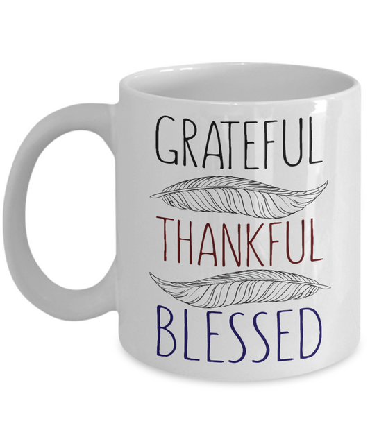 Thanksgiving Coffee Mug, Grateful Thankful Blessed- White Porcelain Coffee Mug 11 Oz For Thanksgiving Day