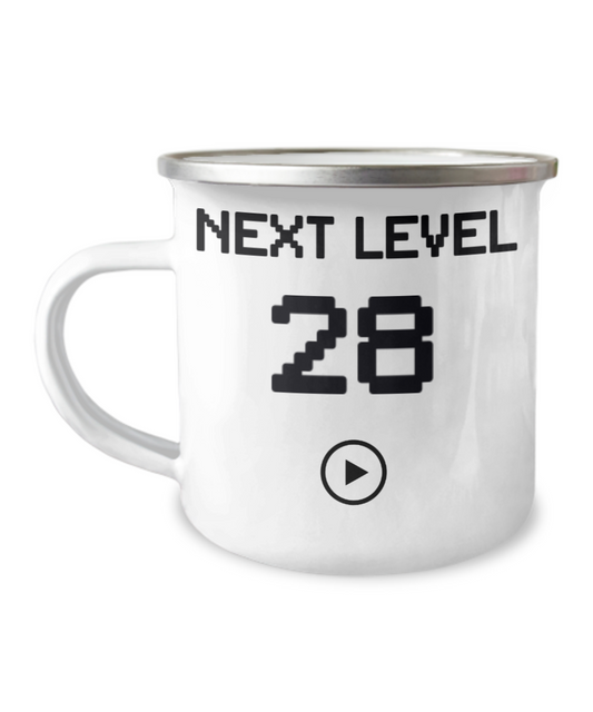 28th Birthday Special Gift Coffee Mug, Next Level 28, Gamer Coffee Mug, Birthday Mug- 12 Oz Stainless Steel Enamel Finish White Camper Coffee Mug
