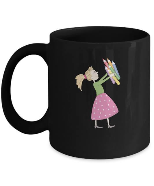 Girl with pens school Black Mugs - Funny Christmas Kids Black coffee mugs 11 oz