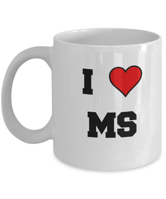 Mississippi Mug, I Love Mississippi MS Abbreviation USA States Ceramic Coffee Mug Tea Cup Gifts Mugs 11 oz   Funny Mugs