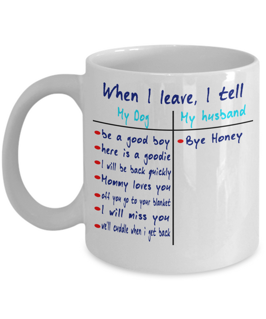 When I leave I tell my Dog - Funny Black Porcelain Coffee Mug Cute Ceramic Cup 11 oz