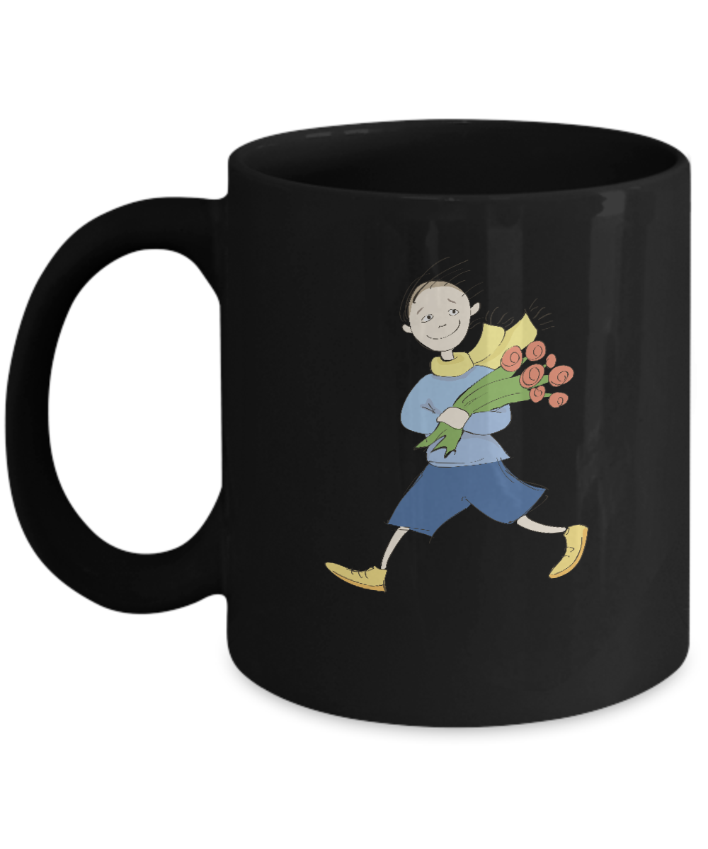 Boy with Flowers Black Mugs - Funny Christmas Gifts - Porcelain Black coffee mugs 11 oz