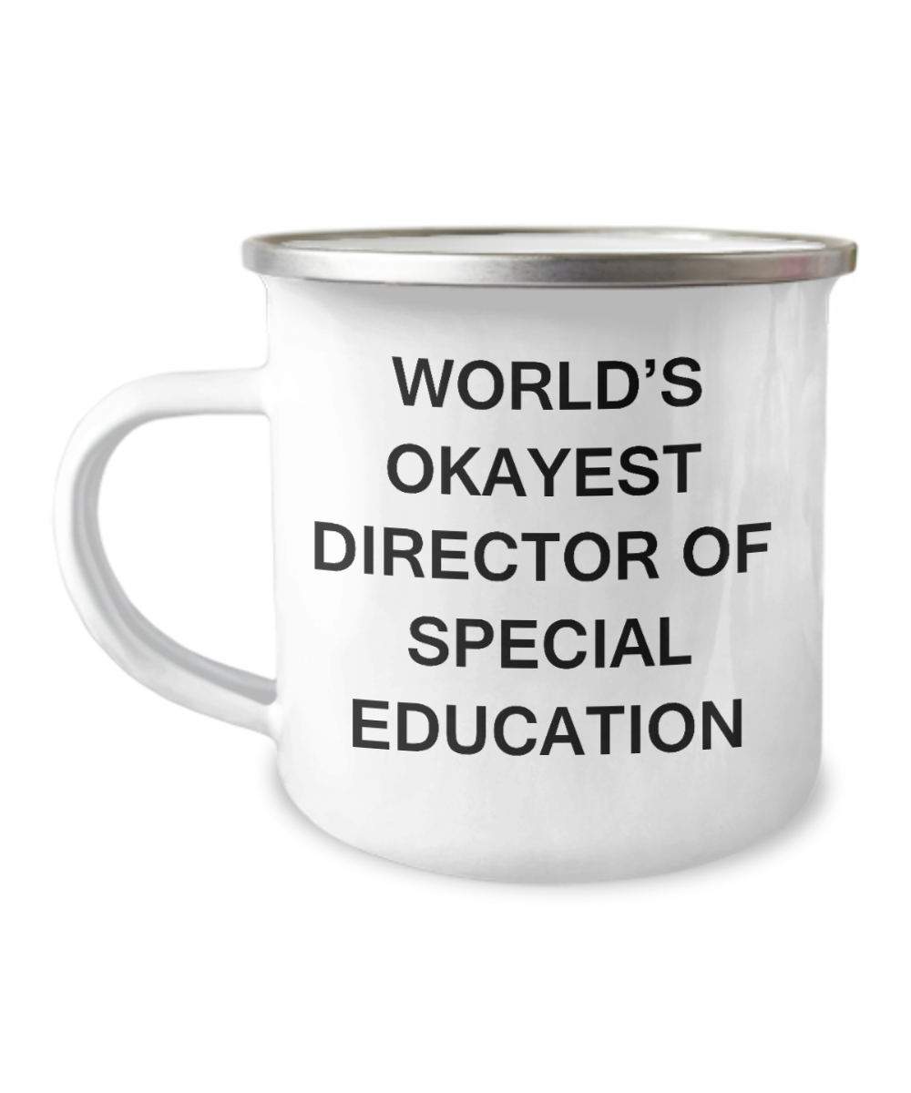 Director of Special Education Coffee Mug - World's Okayest Director of Special Education-12 Oz Stainless Steel Enamel Finish White Camper Coffee Mug