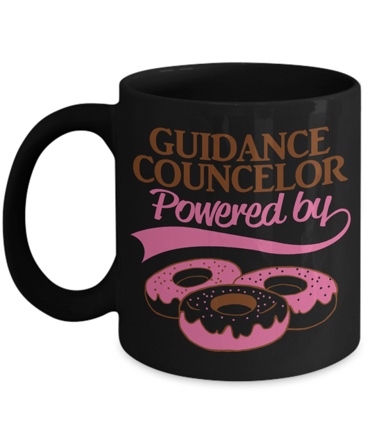 School Counselor Gift Idea, Guidance Councelor Powered by donuts-Black Porcelain Coffee Mug 11 oz For Guidance Counselor, School Counselor, Therapist, Birthday, Christmas, Gifts