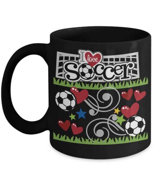 Soccer Coach Gift, I love Soccer - Black Porcelain Coffee 11 oz