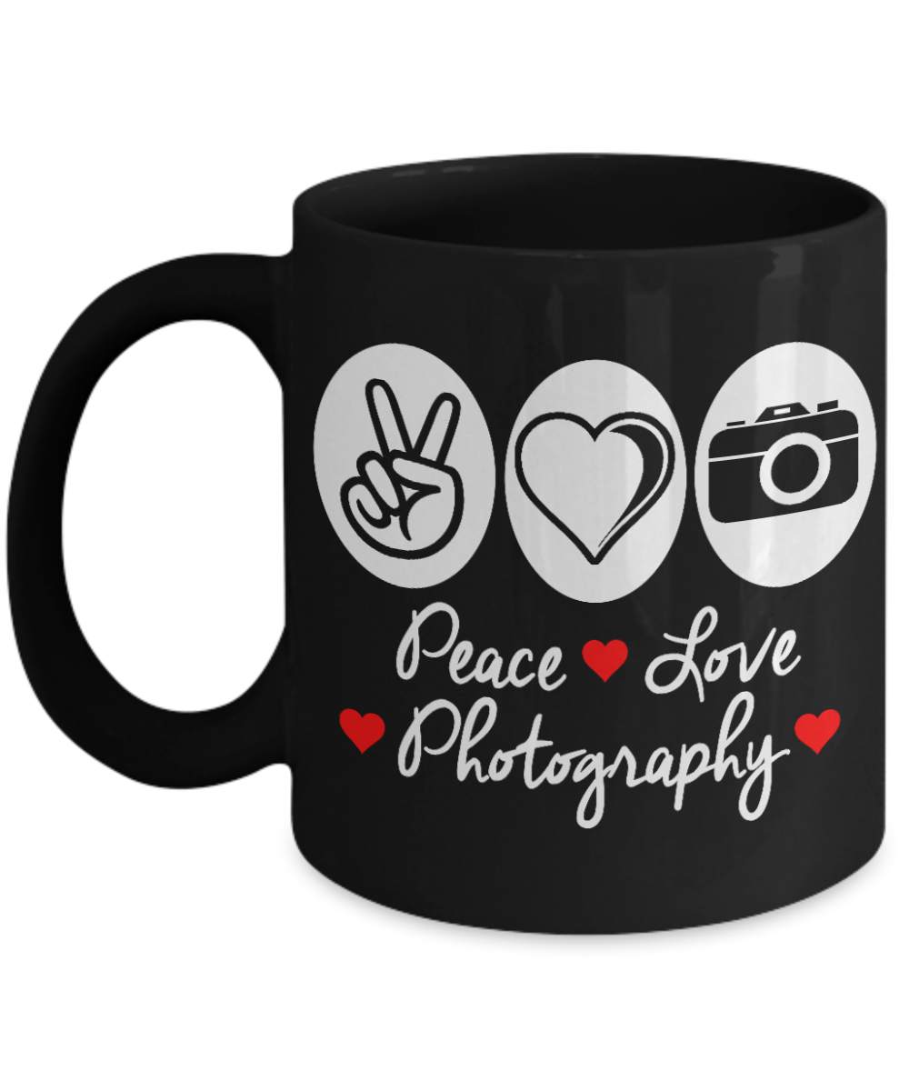 Best Photographer Gift Coffee Mug, Peace Love Photography -Black Porcelain Coffee Mug 11 oz For Photography, Wild, Wedding, News, Pro, Photographer