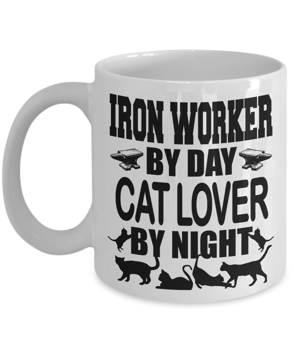 Caticorn Cat lover Coffee mug, Iron Worker By Day Cat Lover By Night-White Porcelain Coffee Mug 11 oz