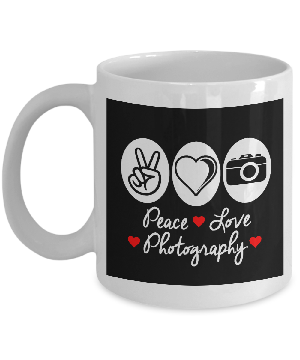 Best Photographer Gift Coffee Mug, Peace Love Photography -White Porcelain Coffee Mug 11 oz For Photography, Wild, Wedding, News, Pro, Photographer