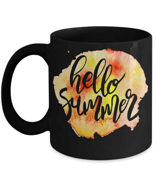 Hello Summer Coffee Mug Watercolor Motivational Quotes - Premium 11 oz Black coffee cup