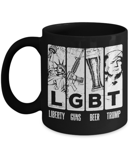 Trump 2020 Flag mugs, Liberty Guns Beer Trump - Funny Black Porcelain Coffee 11 oz