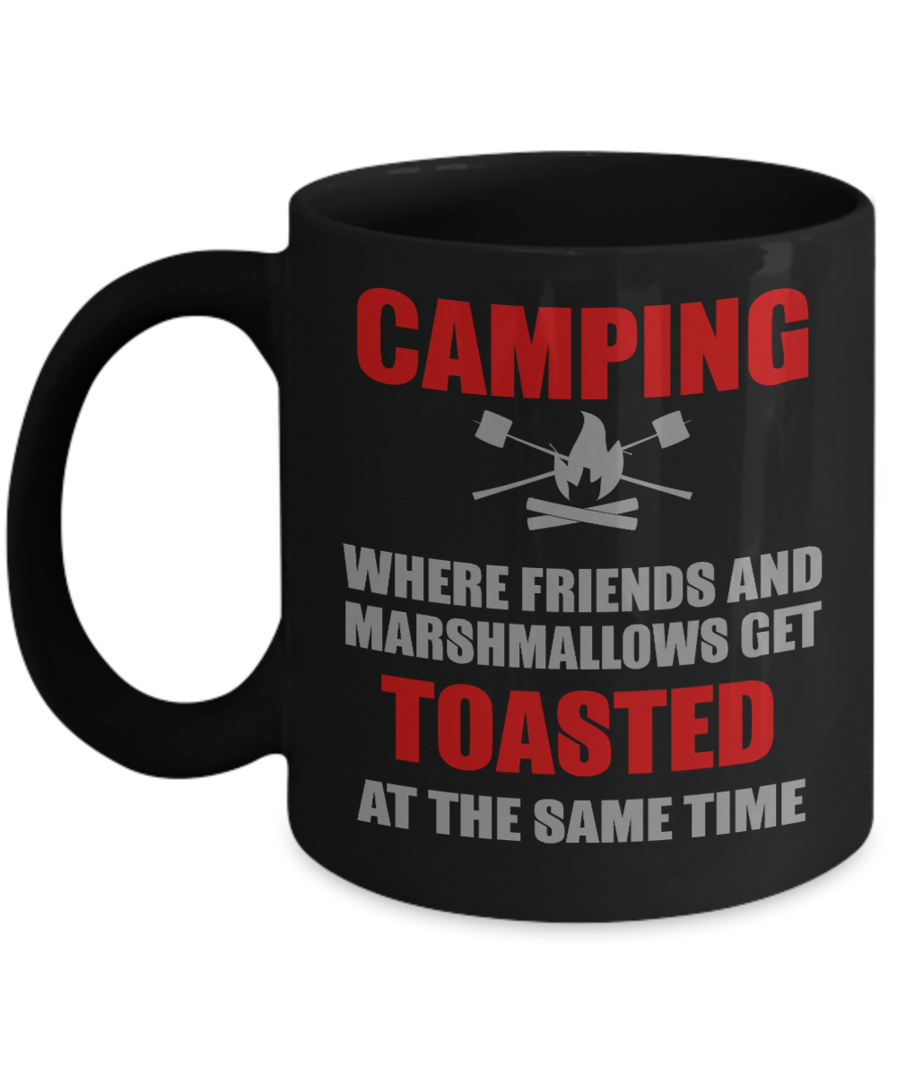 Camping Coffee Mug,Camping, Where Friends And Marshmallows Get Toasted-Black Porcelain Coffee Mug 11 oz For Camper,Outdoor, Mug