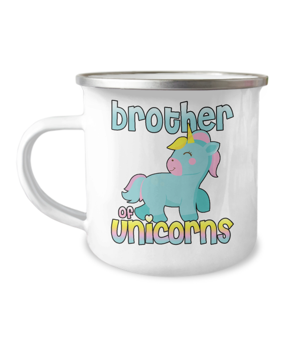 Brother Coffee Mug, Brother Of unicorns- 12 Oz Stainless Steel Enamel Finish White Camper Coffee Mug