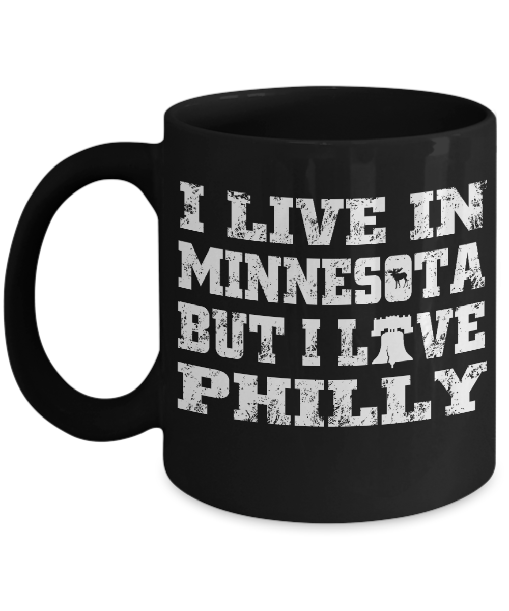 Philadelphia State Love Gift Coffee Mug, I Live In Minnesota But I Love Philly-Black Porcelain Coffee Mug 11 oz