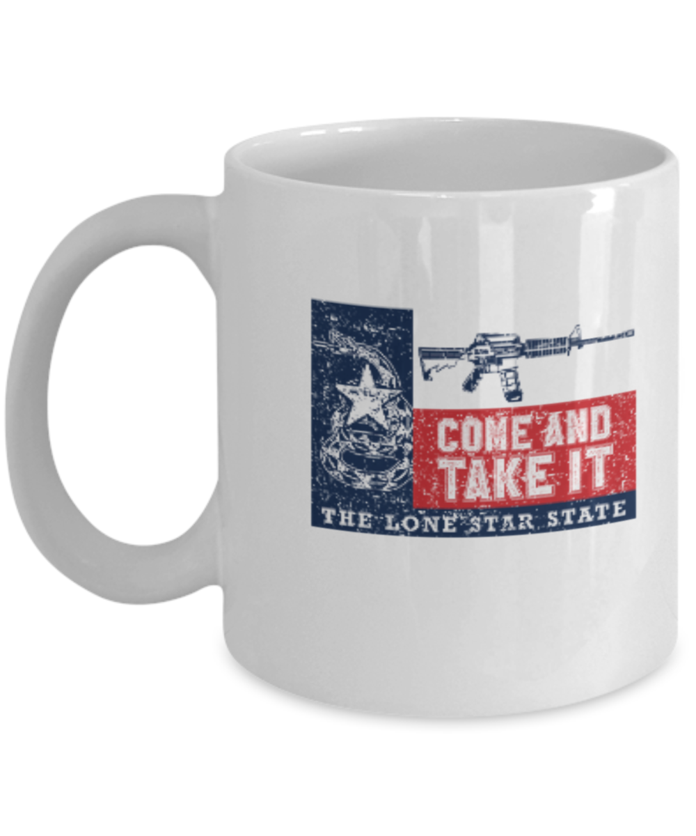 Gunrights Texas Mugs, Come and Take it - White Coffee Mug Porcelain Tea Cup 11 oz - Great Gift