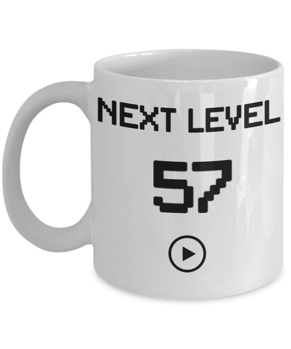57th Birthday Coffee Mug, Next Level 57, Gamer Coffee Mug, Birthday Mug- White Porcelain Coffee Mug 11 Oz Birthday Coffee Mug