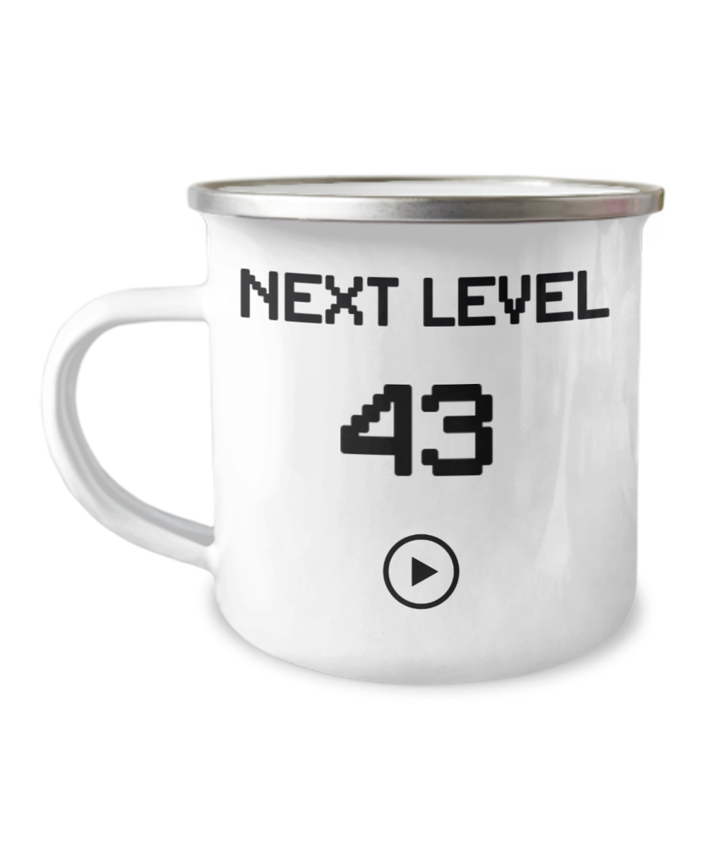 43rd Birthday Special Gift Coffee Mug, Next Level 43, Gamer Coffee Mug, Birthday Mug- 12 Oz Stainless Steel Enamel Finish White Camper Coffee Mug