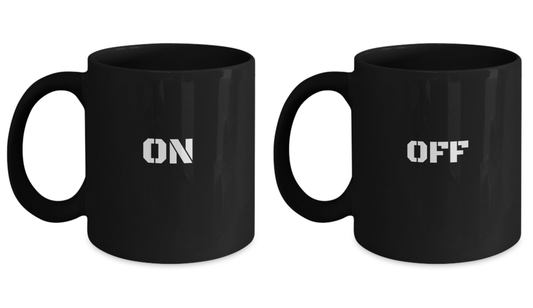 On / Off Mug Set -OFF when it's cool and ON when it's hot Mind blown Black coffee mugs 11 oz