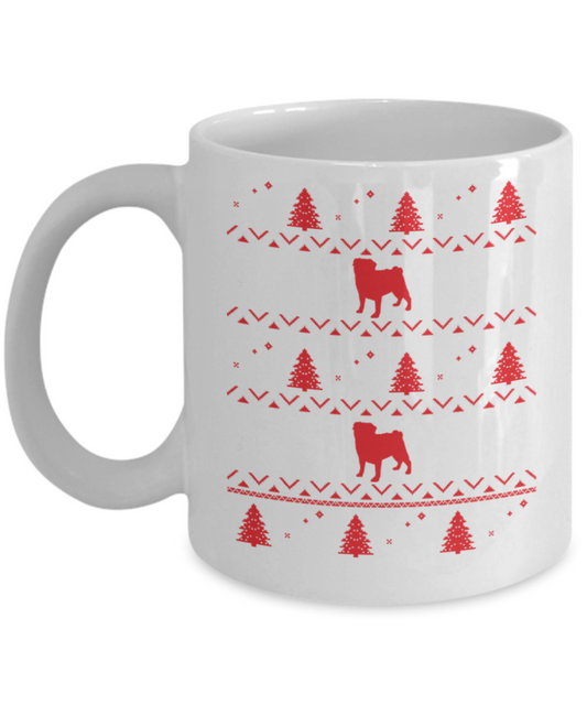 Gift gor dog lovers , Pug Xmas - White Coffee Mug Porcelain Tea Cup 11 oz - Great Gift