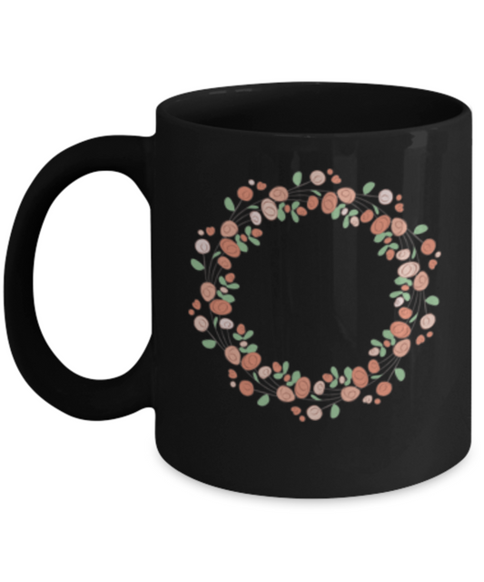 Wreath Summer Roses Textured Black Mugs - Funny Black coffee mugs 11 oz