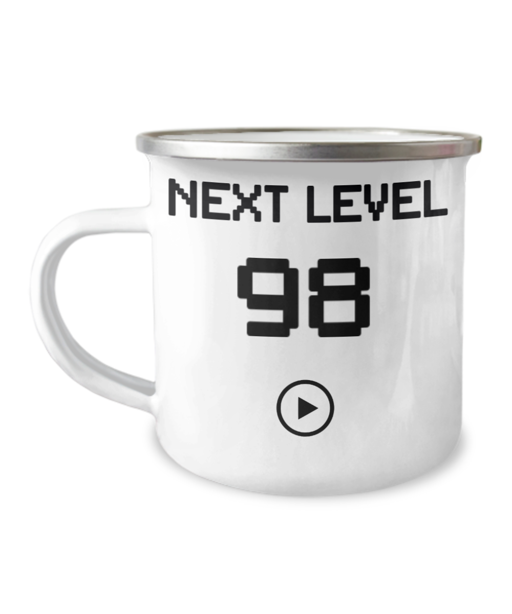98th Birthday Coffee Mug, Next Level 98, Gamer Coffee Mug, Birthday Mug- 12 Oz Stainless Steel Enamel Finish White Camper Coffee Mug