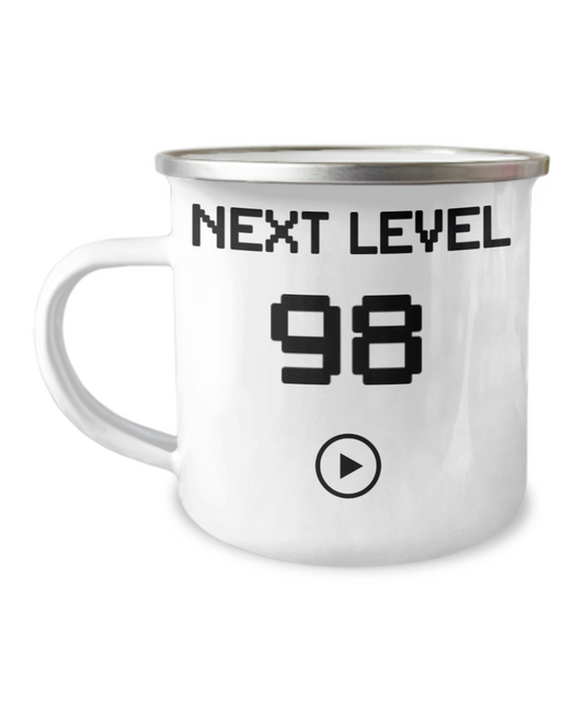 98th Birthday Coffee Mug, Next Level 98, Gamer Coffee Mug, Birthday Mug- 12 Oz Stainless Steel Enamel Finish White Camper Coffee Mug