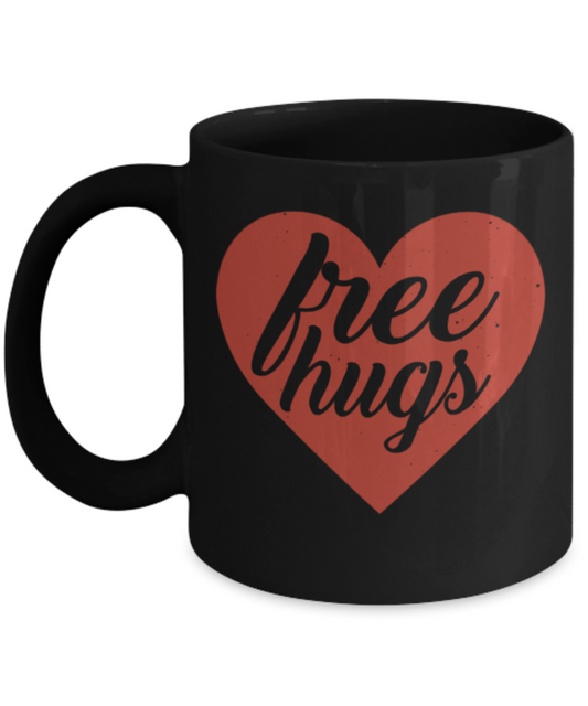 Aneversery gift - Free Hugs - Funny Black Porcelain Coffee Mug Cute Ceramic Cup 11 oz