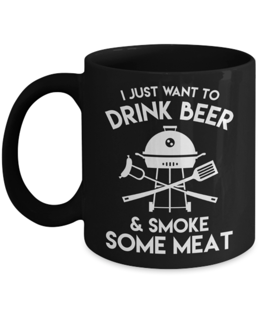 Beer Lovers Gifts , Drink Beer and Meat - Black Coffee Mug Porcelain Tea Cup 11 oz - Great Gift