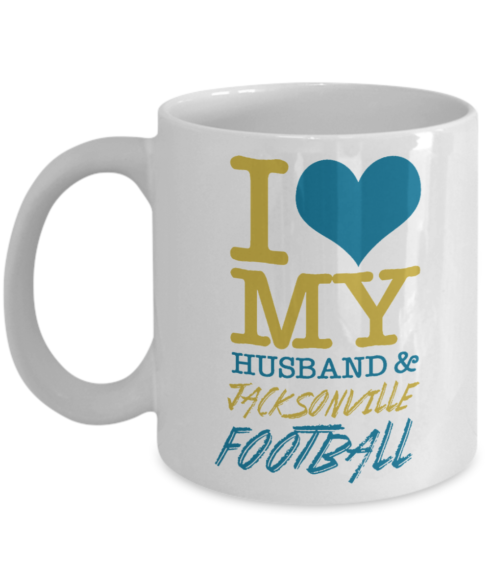 Great Wife Gift Coffee Mug, I Love My Husband And Jacksonville Football- White Porcelain Coffee Mug 11 oz For Husband, Wife, Wedding Anniversary, Birthday, Christmas, Gift