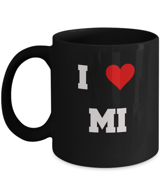 Michigan Mug, I Love Michigan MI Abbreviation USA States Ceramic Black Coffee Mug Tea Cup Gifts Mugs   11 oz Funny Mugs