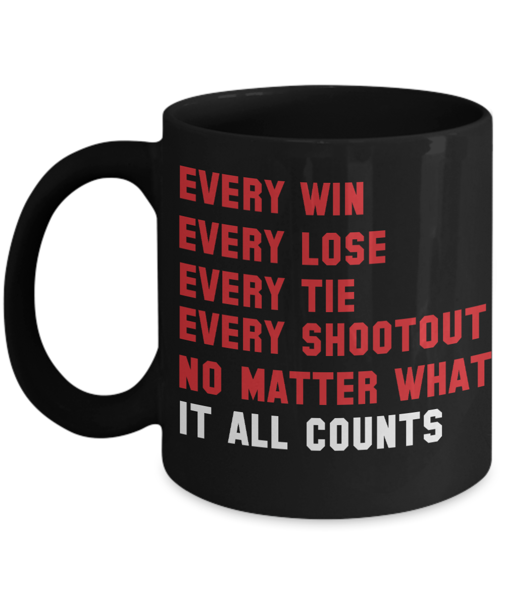 Football Lover Coffee Mug, Every Win Every Lose Every Tie No Matter What It All Counts - Black Porcelain Coffee Mug 11 Oz Funny Quotes Coffee Mug
