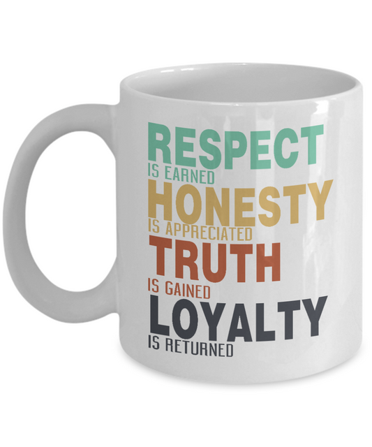 Respect Is Earned Honesty Is Appreciated Truth Is Gained Loyalty Is Returned- White Porcelain Coffee Mug 11 Oz Funny Quotes Coffee Mug