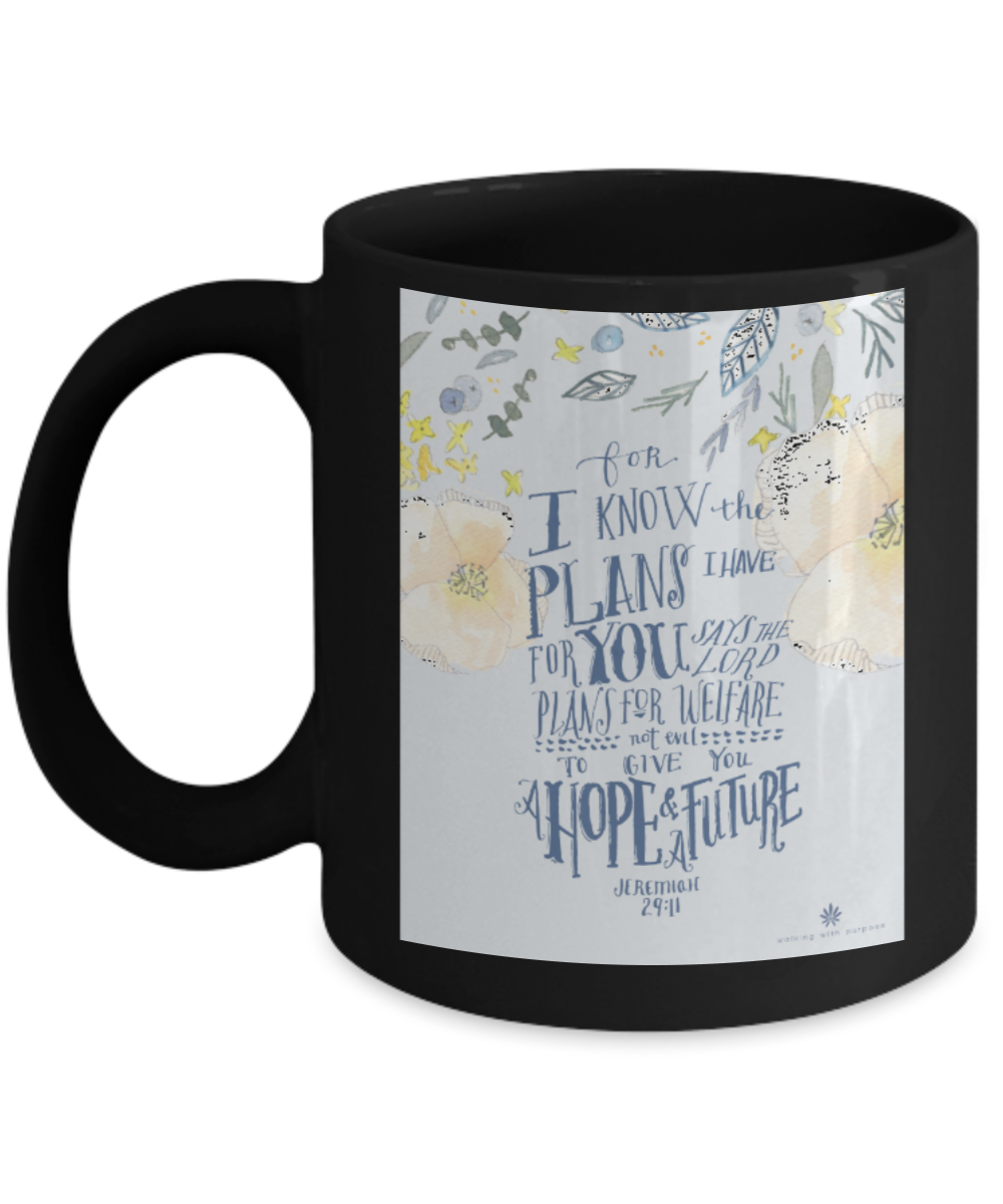 Bible gifts quotes mugs , Hope for a future - Black Coffee Mug Porcelain Tea Cup 11 oz - Great Gift