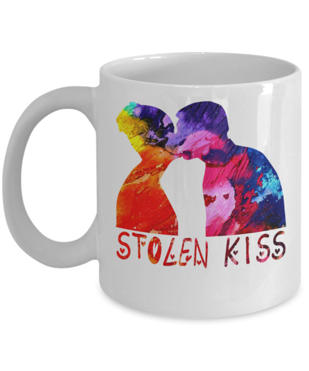 Coffee mugs for lovers, Stolen Kiss - Funny White Porcelain Coffee 11 oz