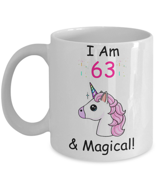 63rd Birthday Gift for Women - I Am 63 & Magical Unicorn Mug - Funny White Porcelain Coffee 11 oz for Grandma, Mom, Sister, Best Friend, Women, Her - Queens are Born In 1957