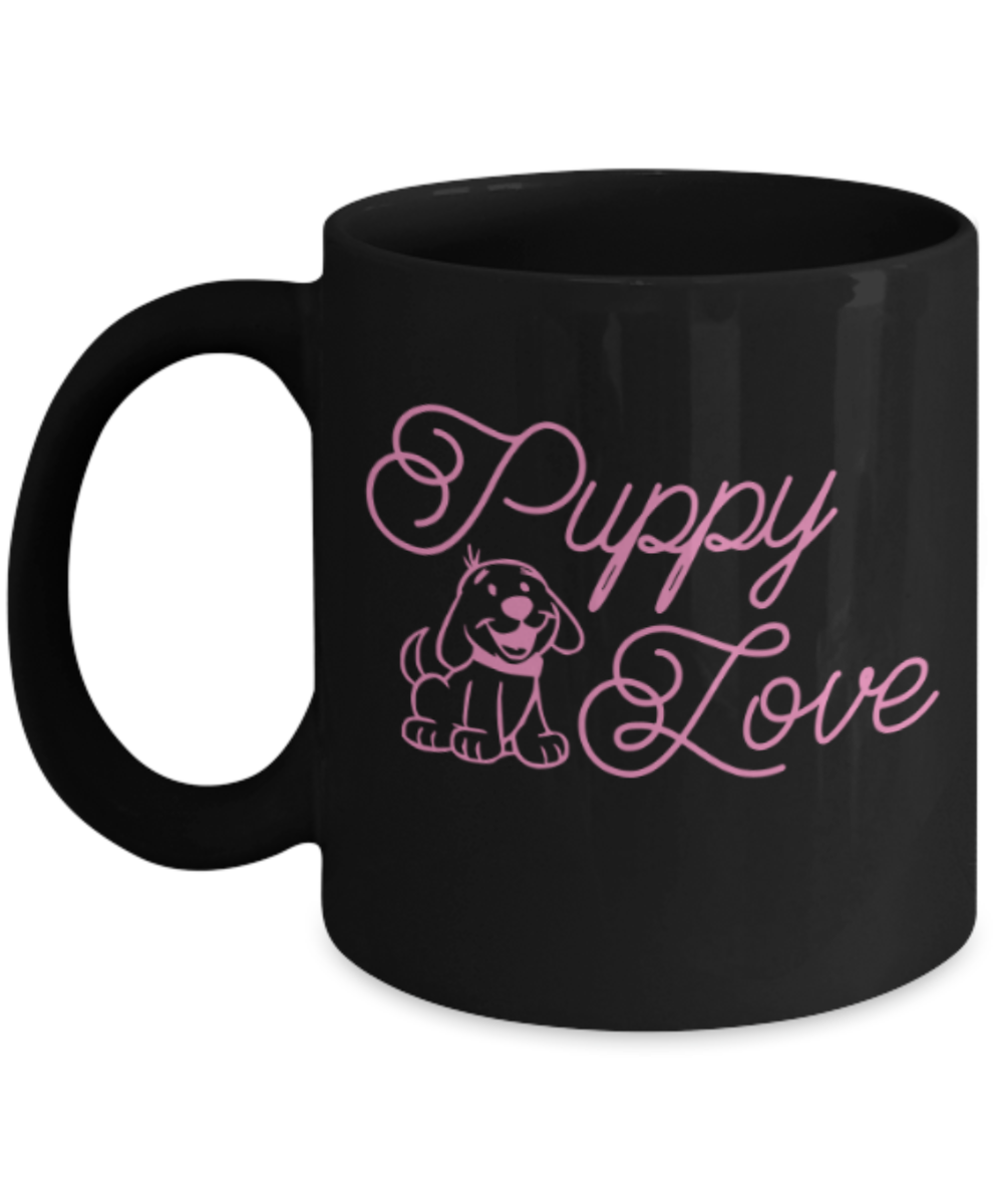 Gift gor dog lovers , Puppy Love - Black Coffee Mug Porcelain Tea Cup 11 oz - Great Gift