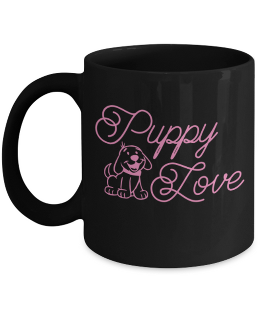 Gift gor dog lovers , Puppy Love - Black Coffee Mug Porcelain Tea Cup 11 oz - Great Gift
