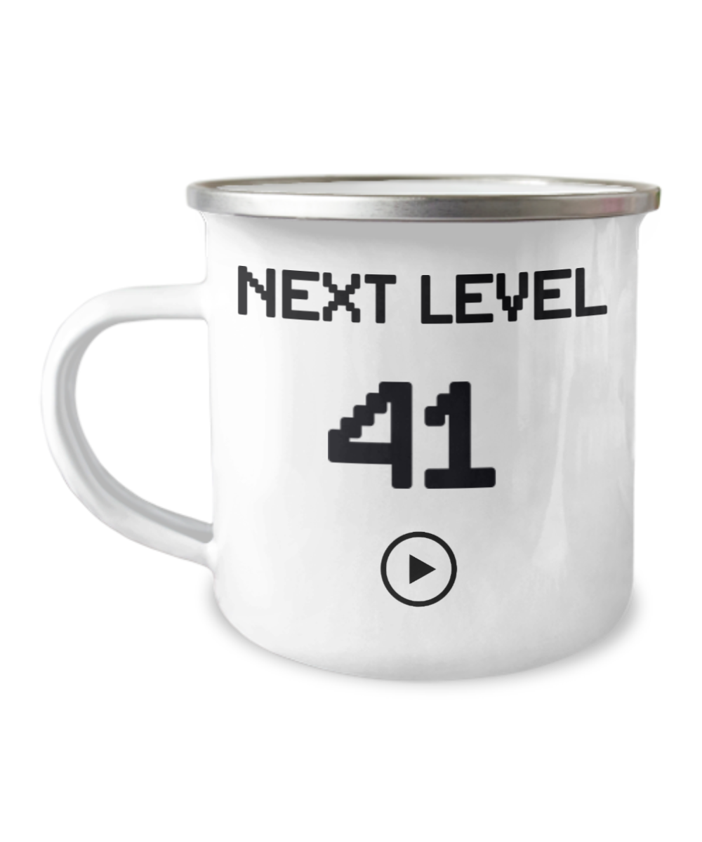 41st Birthday Special Gift Coffee Mug, Next Level 41, Gamer Coffee Mug, Birthday Mug- 12 Oz Stainless Steel Enamel Finish White Camper Coffee Mug