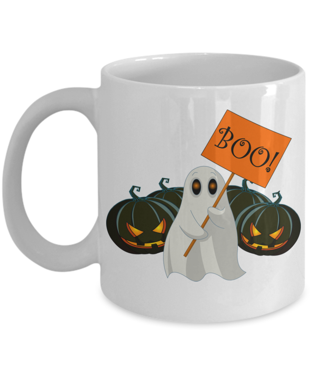 Halloween Boo Mug - White Porcelain Coffee Cup,Premium 11 oz White coffee cup