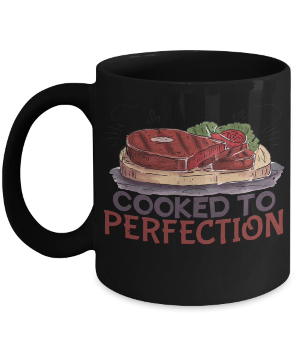 Food Lovers Mugs, Cooked to perfection - Funny Black Porcelain Coffee 11 oz
