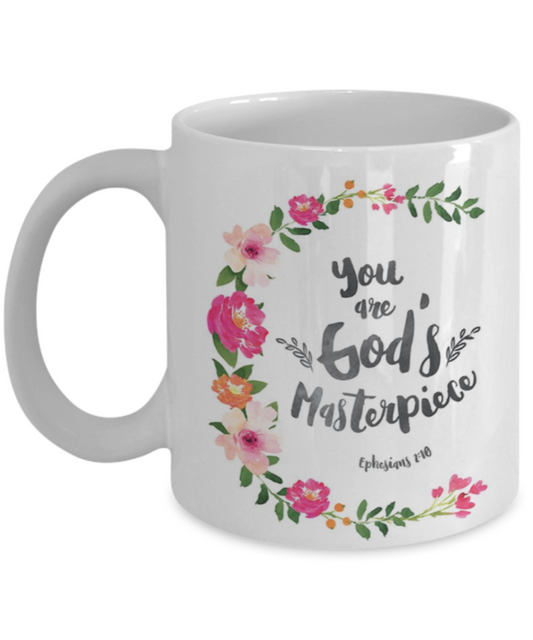 Bible verse mugs for women , You are God's Masterpiece - White Coffee Mug Porcelain Tea Cup 11 oz - Great Gift