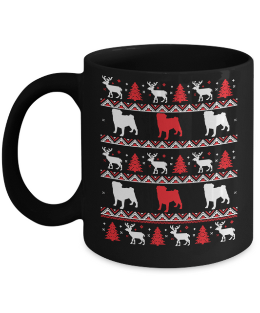 Gift gor dog lovers , Pug Xmas - Black Coffee Mug Porcelain Tea Cup 11 oz - Great Gift
