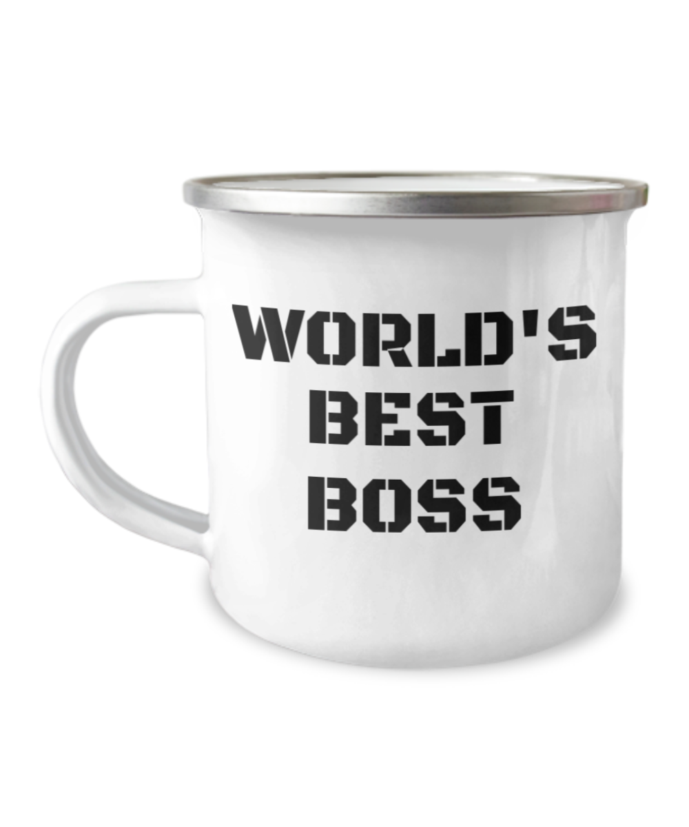 Boss Coffee Mug, Office Coffee Mug , Worlds Best Boss -12 Oz Stainless Steel Enamel Finish White Camper Coffee Mug