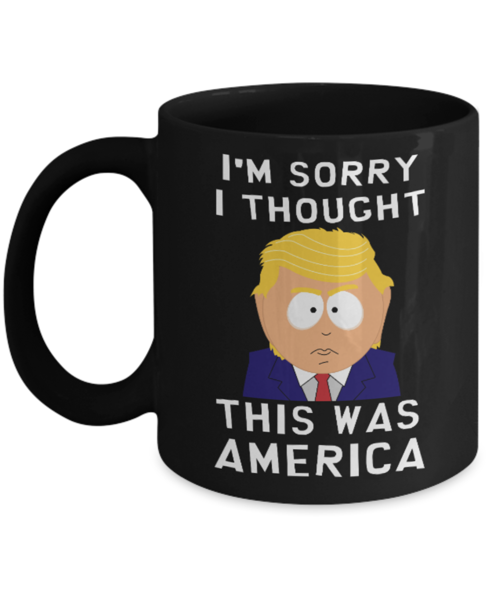 Politics lovers mugs Politicians , I'm sorry I Thought this was America - Black Coffee Mug Porcelain Tea Cup 11 oz - Great Gift