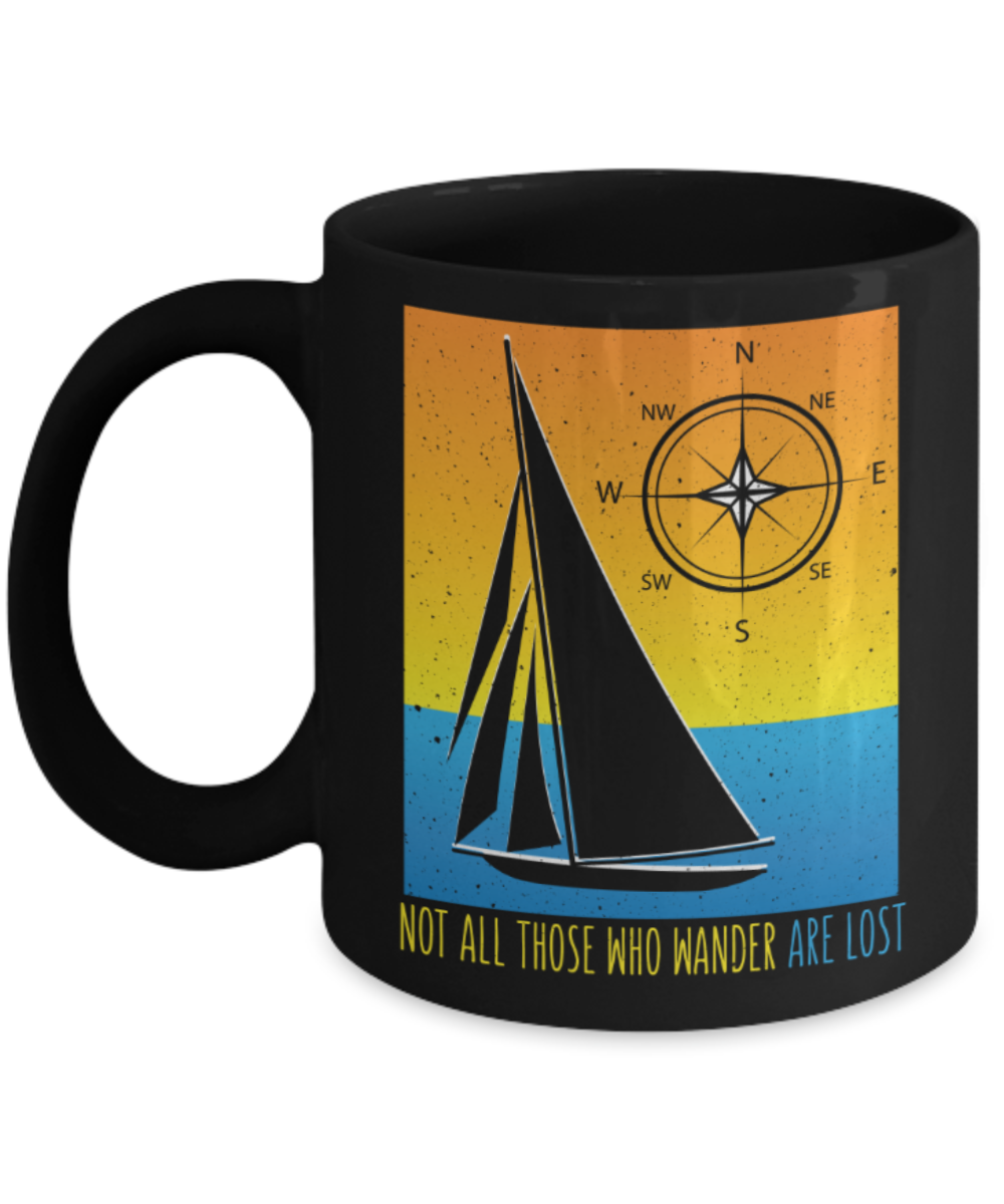 Travelling Lovers Mugs, Not all those wander are lost - Funny Black Porcelain Coffee 11 oz