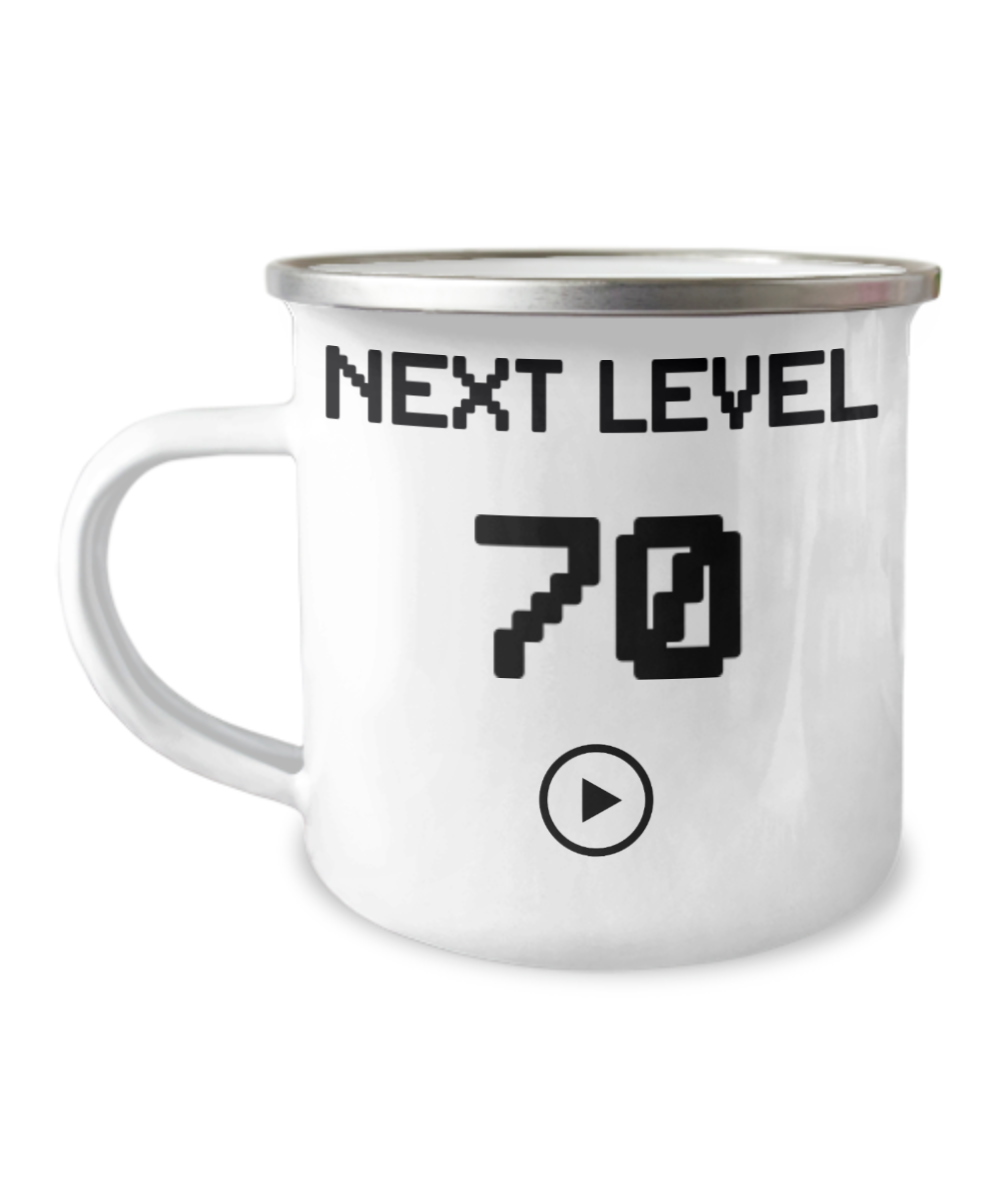 70th Birthday Coffee Mug, Next Level 70, Gamer Coffee Mug, Birthday Mug- 12 Oz Stainless Steel Enamel Finish White Camper Coffee Mug