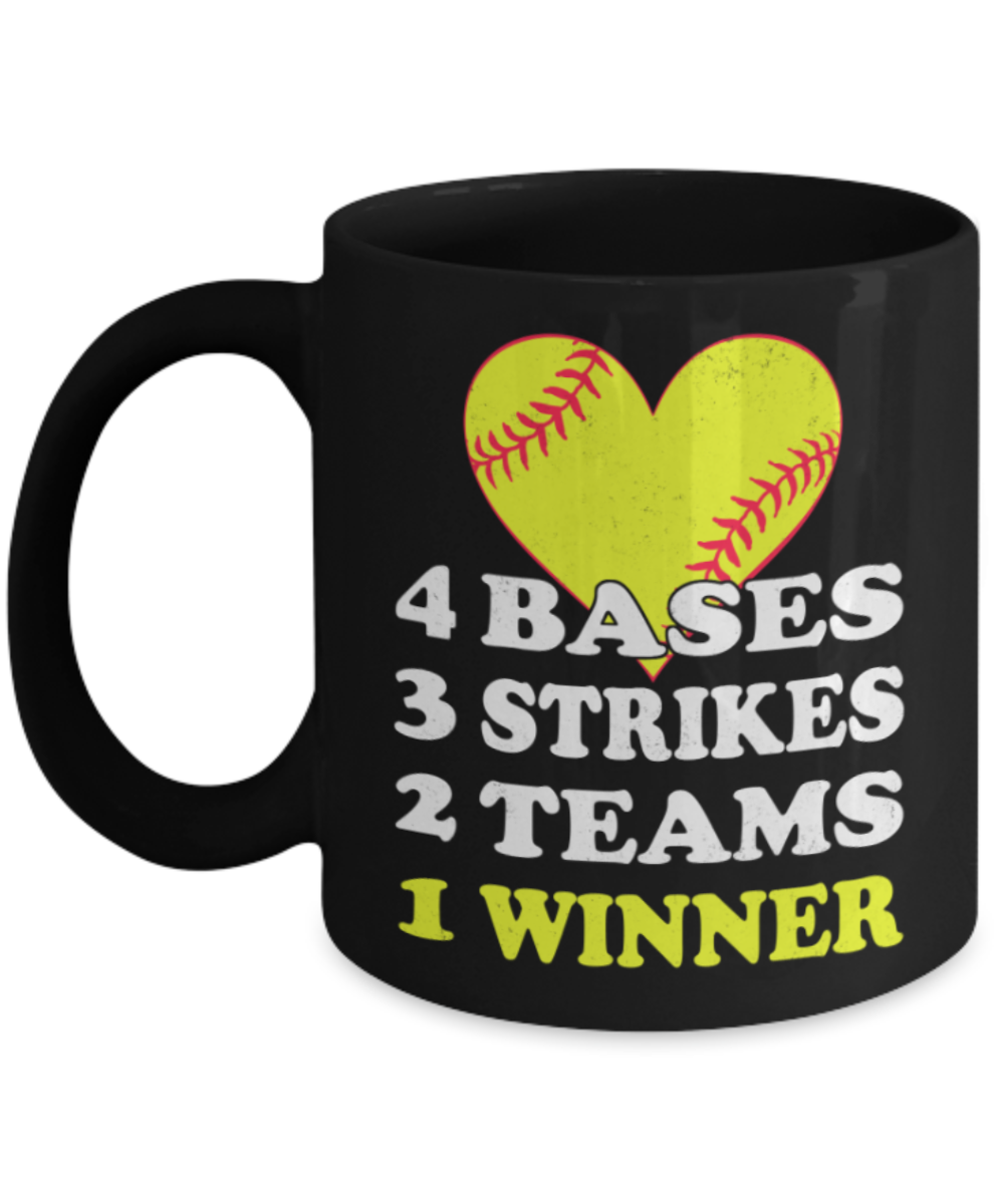 Baseball Lovers Mugs , 4 Bases 3 Strikes - Black Coffee Mug Porcelain Tea Cup 11 oz - Great Gift