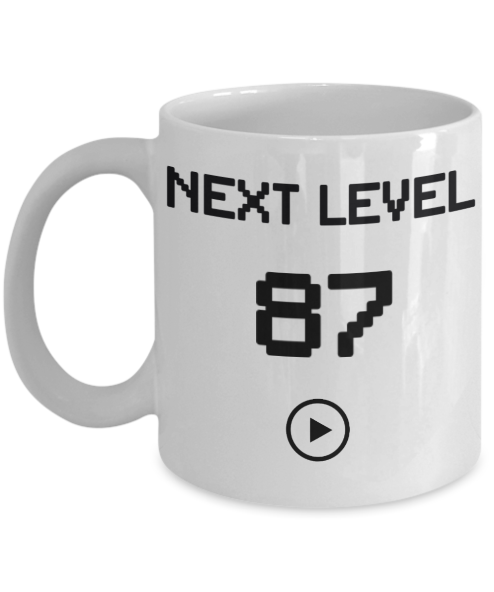 87th Birthday Coffee Mug, Next Level 87, Gamer Coffee Mug, Birthday Mug- White Porcelain Coffee Mug 11 Oz Birthday Coffee Mug