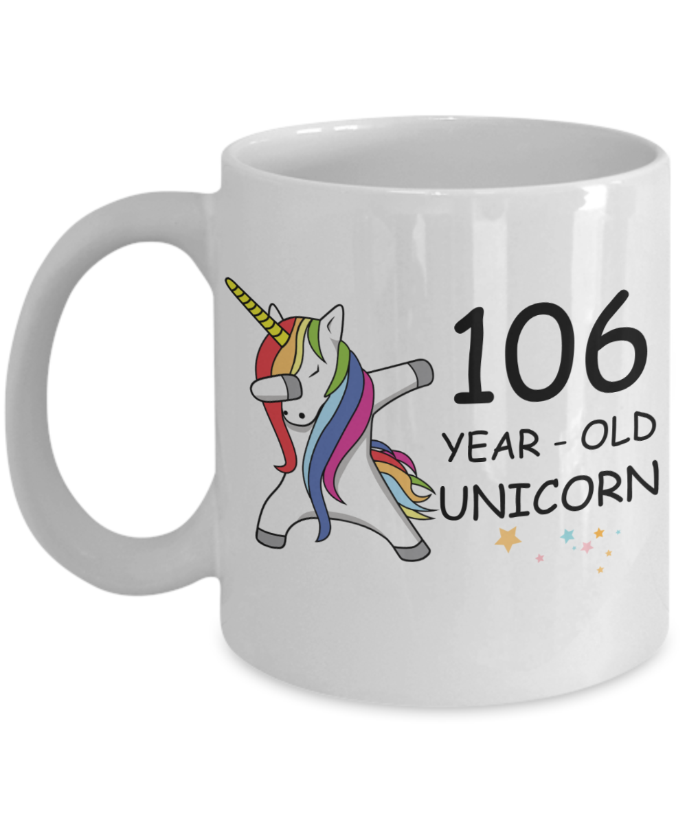 Unicorn Birthday gift 106th Birthday Gift for Women - 106 Year Old Unicorn Dabbing Mug - Funny White Porcelain Coffee 11 oz, 106th Anniversary Bday Gift for Grandma, Mom, Sister, Bestie - Legends are Born In 1914
