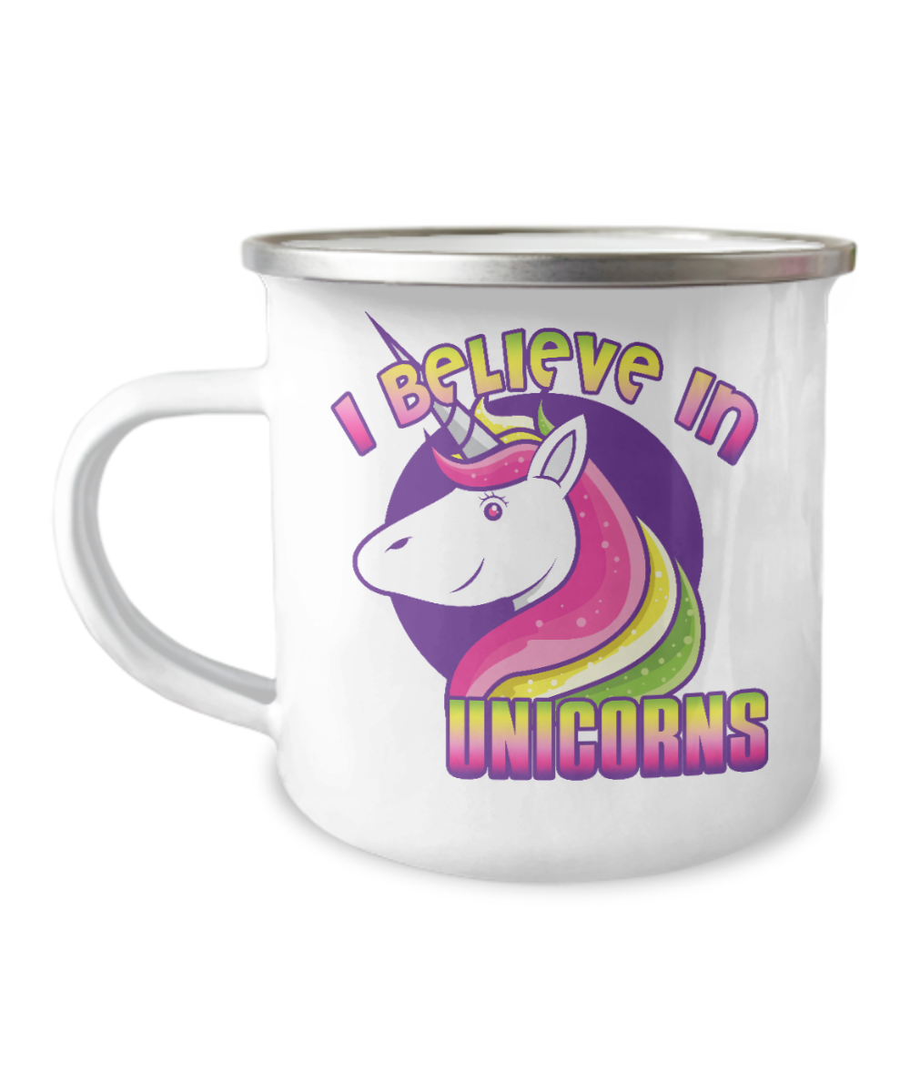 Unicorn Coffee mug, I Believe In Unicorns, Teen Coffee mug, Unicorn aunt, Unicorn teen-12 Oz Stainless Steel Enamel Finish White Camper Coffee Mug