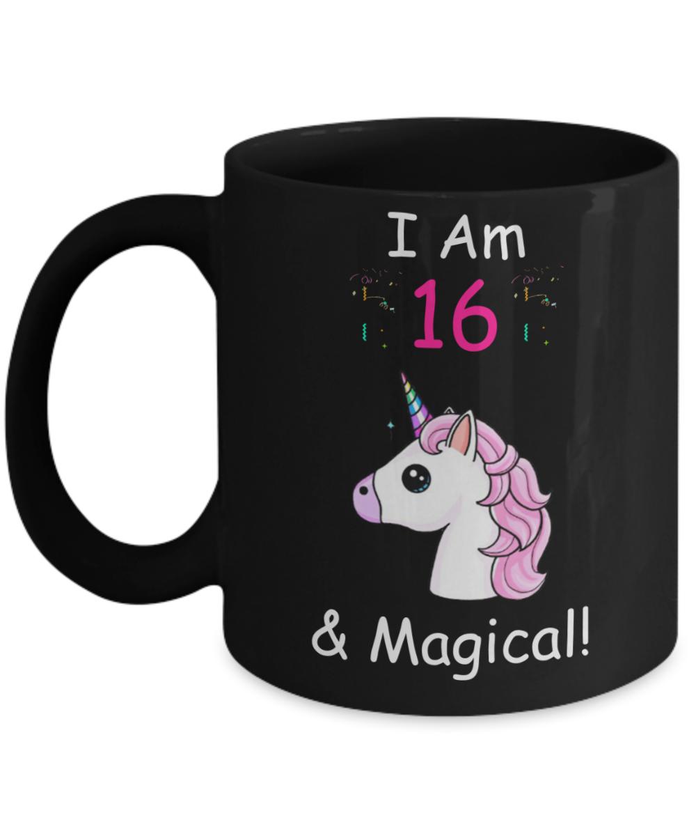 16th Birthday Gift for Women - I Am 16 & Magical Unicorn Mug - Funny Black Porcelain Coffee 11 oz for Grandma, Mom, Sister, Best Friend, Women, Her - Legends are Born In 2004